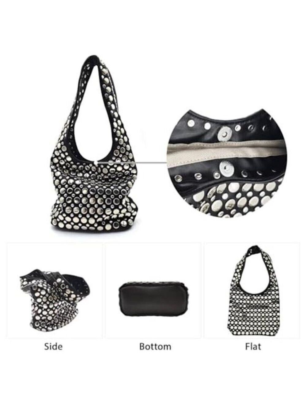 Y2K Hobo Shoulder Bag Punk Studded Top Handle Bag for Women Tote Handbag Black - Picture 4 of 7